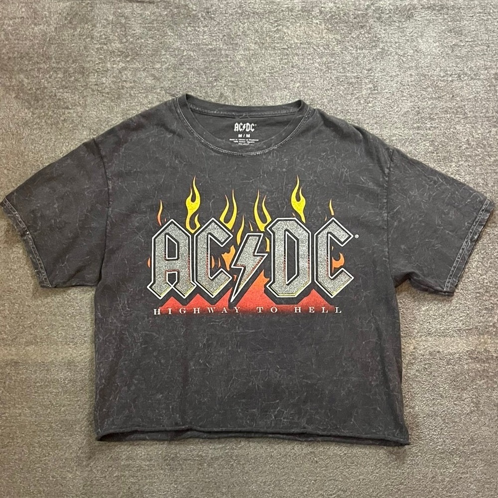 AC/DC Highway to Hell Cropped Graphic Tee Mineral Wash Gray Medium Band Tee